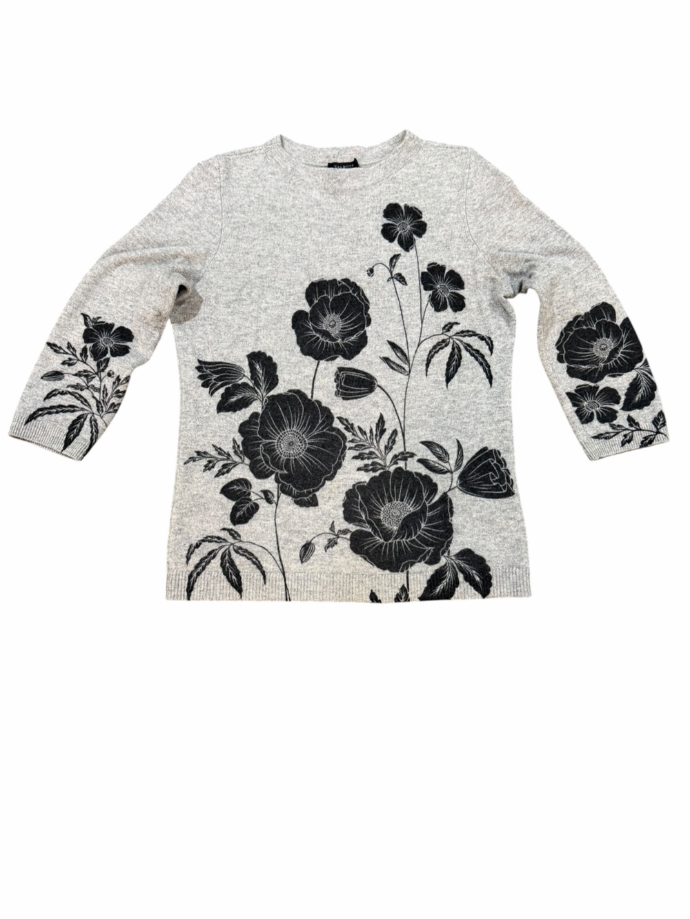 Talbots Pure Cashmere Floral Crewneck Sweater Small Gray Black